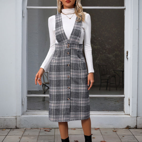Damen Karierter Jumpsuit mit dezenter Knopfleiste und breiten Trägern R&B