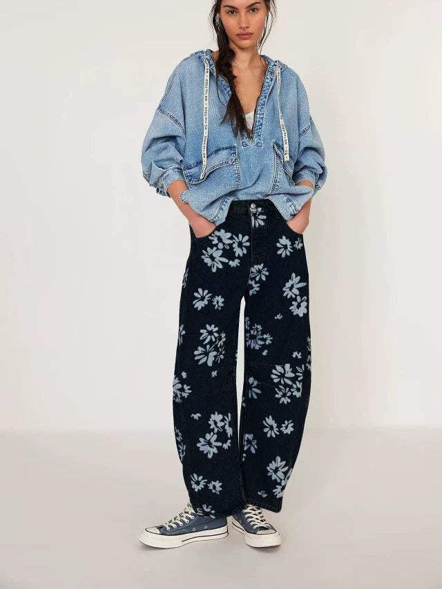 Damen Verspielte Herz-Sprayprint Denim Baggy-Jeans