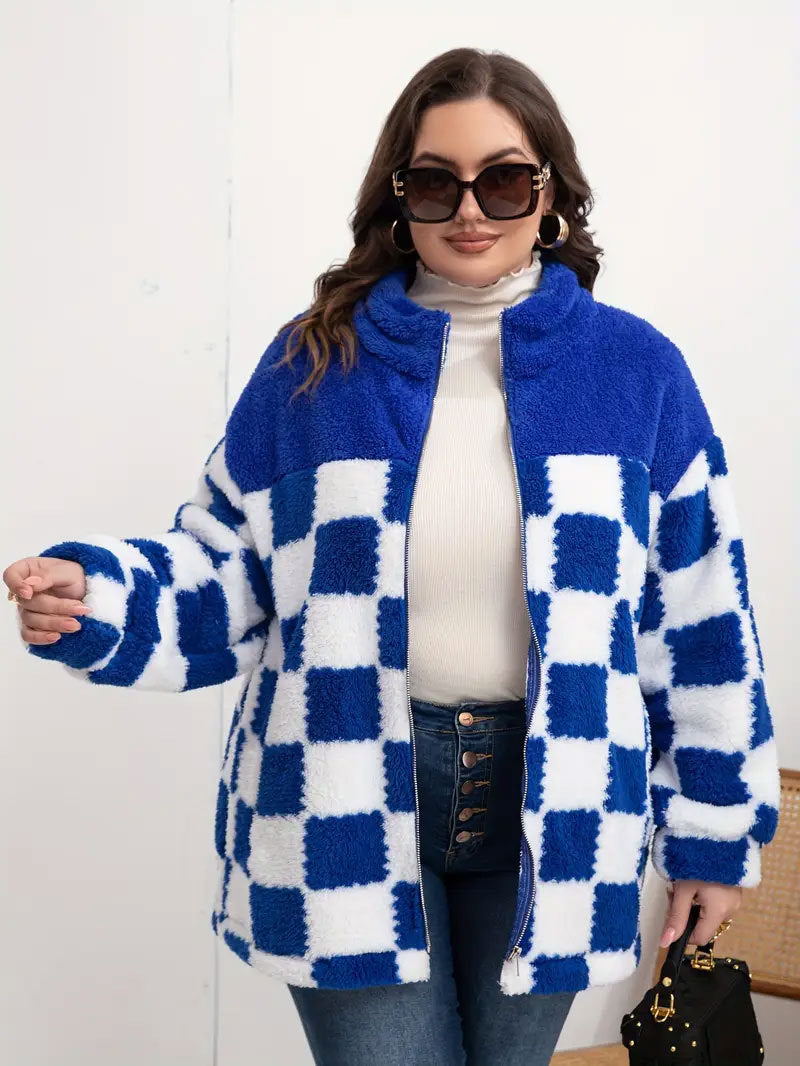 Damen Fleecejacke mit Karo-Design und hohem Kragen