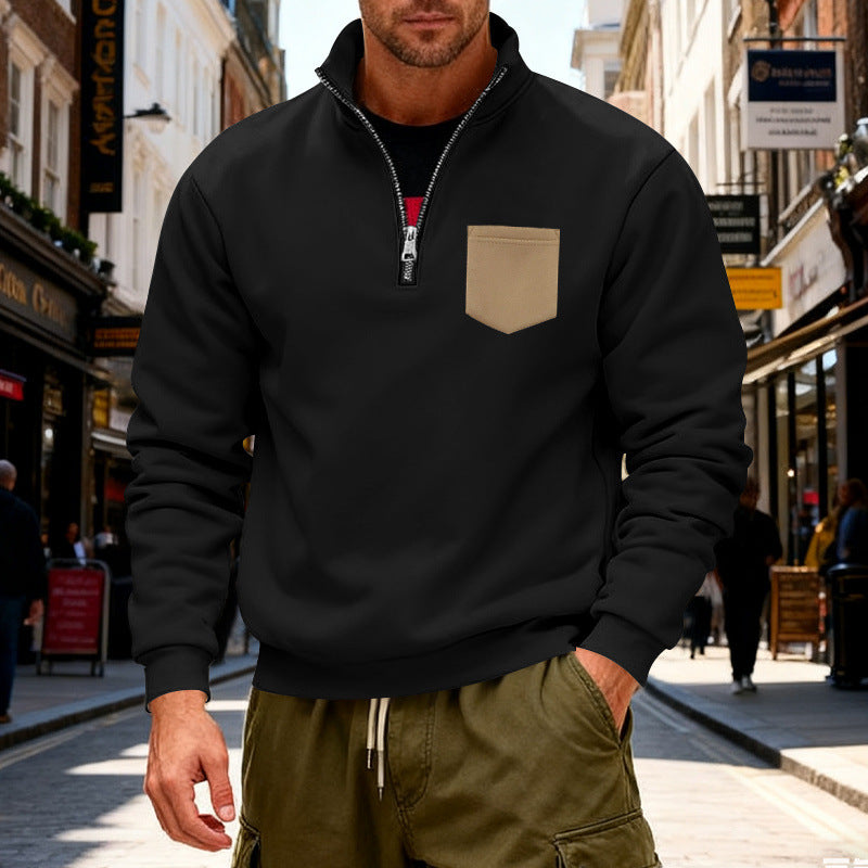 Herren modischer Sweatshirt mit halbem Reißverschluss und aufgesetzter Tasche R&B