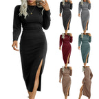 Damen Elegantes Langarm-Midikleid mit seitlichem Schlitz und gerafftem Design R&B