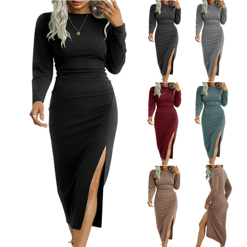 Damen Elegantes Langarm-Midikleid mit seitlichem Schlitz und gerafftem Design R&B