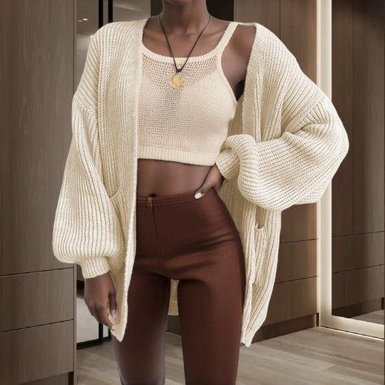Damen Großer Strickjacke mit voluminösen Ärmeln und praktischen Taschen R&B