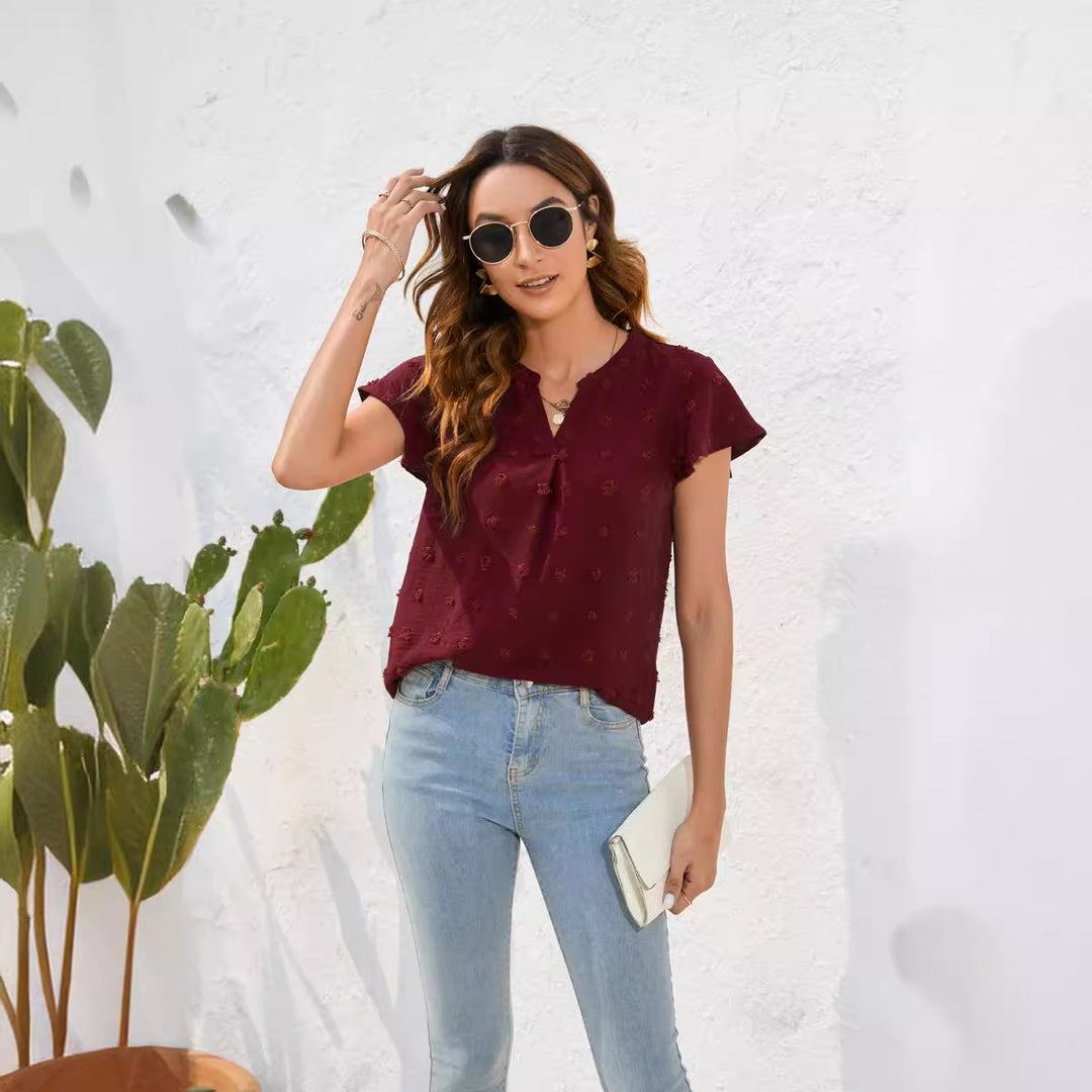 Damen Leichtes Kurzarmblusenshirt mit strukturiertem Material und eleganten Details R&B
