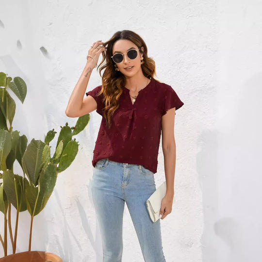 Damen Leichtes Kurzarmblusenshirt mit strukturiertem Material und eleganten Details R&B