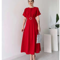 Damen Maxikleid mit Taillengürtel und puffärmeln R&B