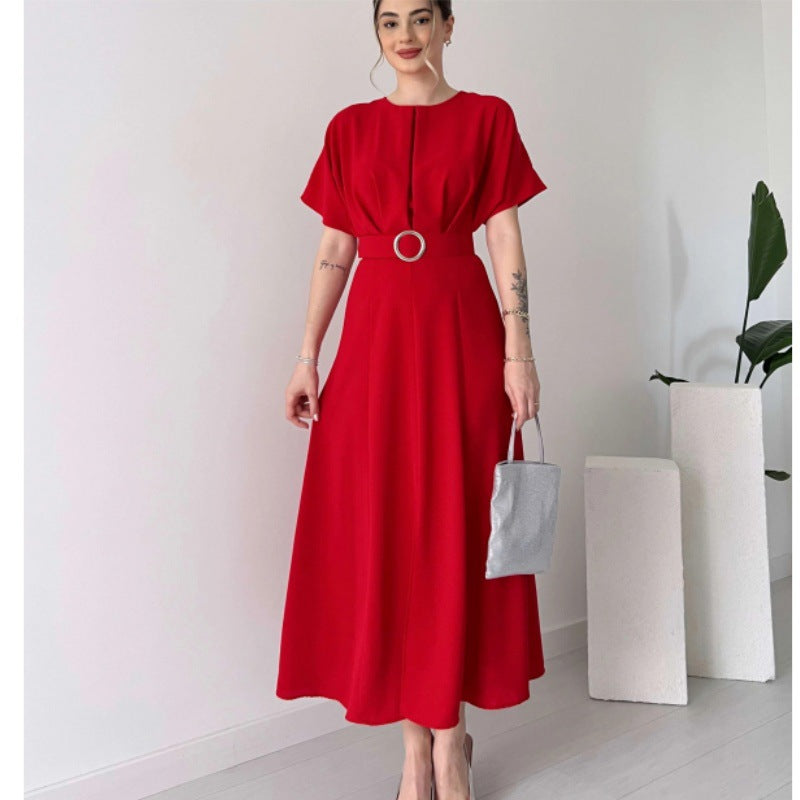 Damen Maxikleid mit Taillengürtel und puffärmeln R&B