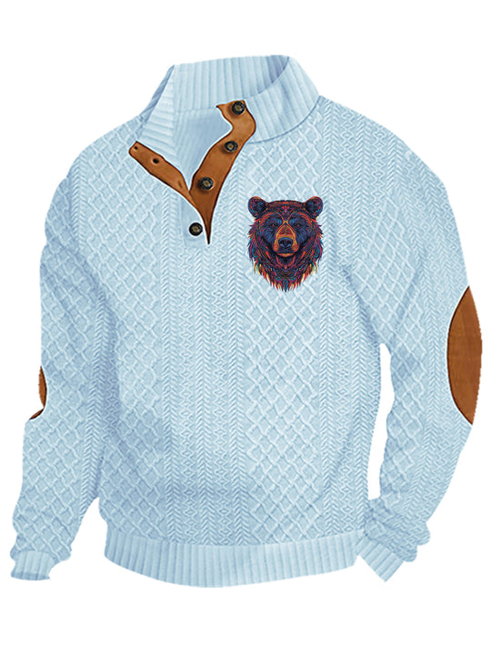 Herren nan Heritage-Strukturpullover mit Stehkragen Lederimitat-Besatz Ellenbogen-Patches und Halbknopfleiste R&B