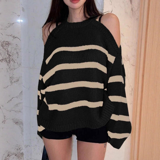 Damen Off-Shoulder Strickpullover mit breiten Streifen R&B