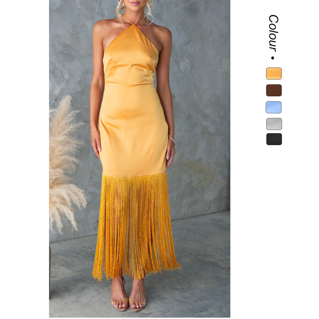 Damen Langärmeliges Fransenmaxikleid mit Rückenausschnitt und eleganter Passform R&B
