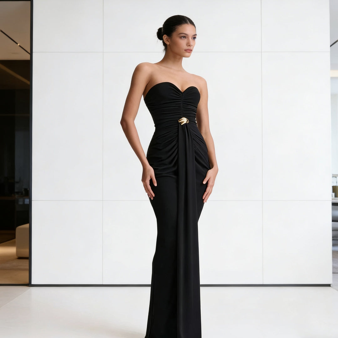 Damen Elegantes Drapeekleid mit schulterfreiem Design und kunstvollem Bund R&B