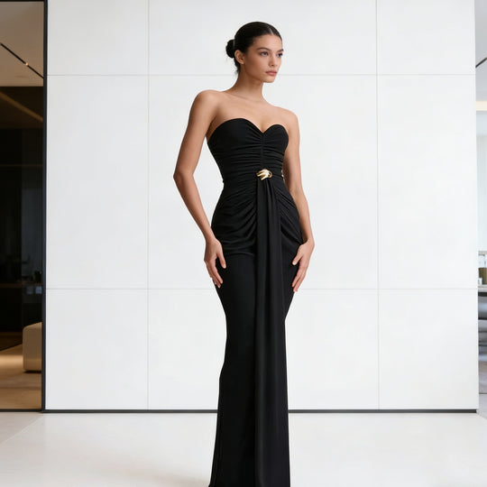 Damen Elegantes Drapeekleid mit schulterfreiem Design und kunstvollem Bund R&B