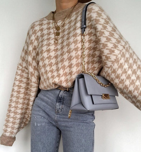 Damen Grobstrickpullover mit modernem Hahnentrittmuster und lässigem Schnitt R&B