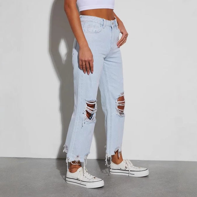 Damen Mom Jeans mit ausgefranstem Saum und Rippen-Details R&B