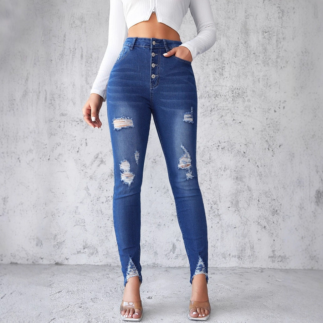 Damen Jeans im modernen Skinny Fit mit knöpfen und modischen Rissdetails R&B