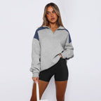 Damen lässiger Sweatshirt mit halbem Reißverschluss und kontrastierenden Ärmeln