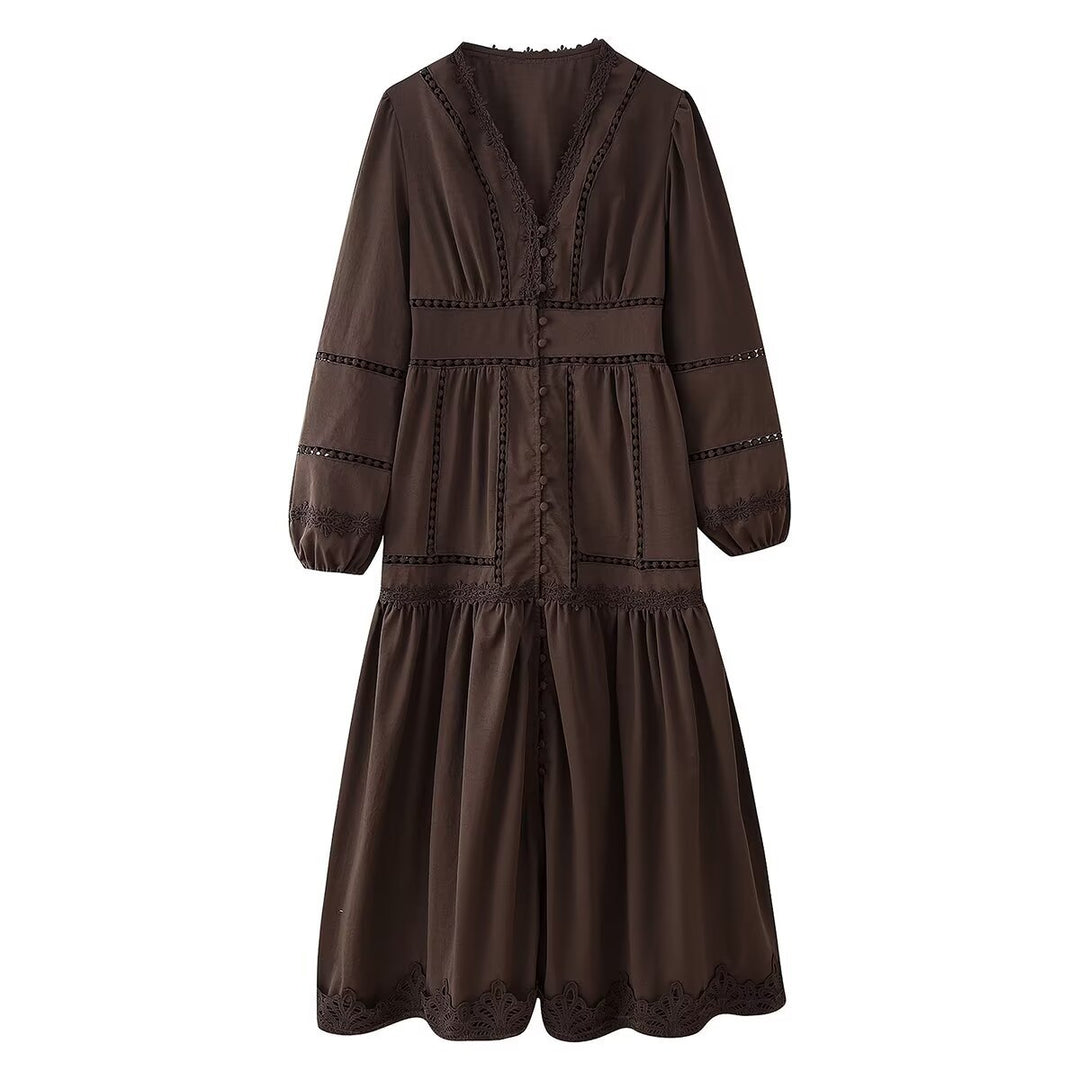 Damen Maxikleid mit eleganten Rüschendetails und femininem V-Ausschnitt R&B