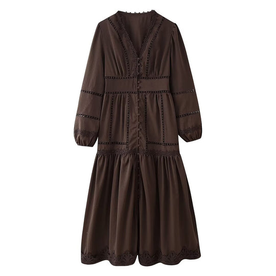 Damen Maxikleid mit eleganten Rüschendetails und femininem V-Ausschnitt R&B