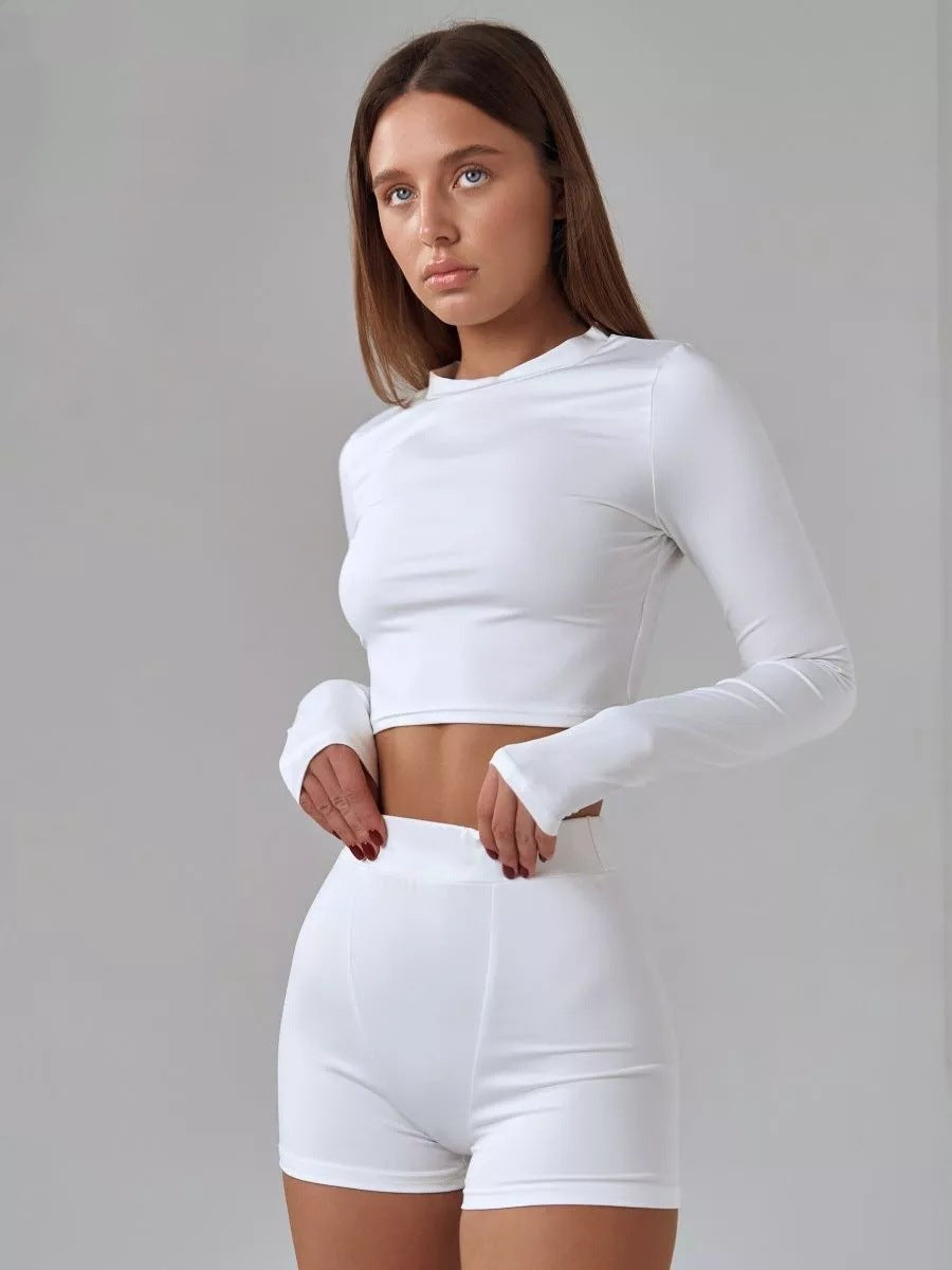 Damen sportliches Crop-Top mit langem Arm und Daumenlöchern R&B
