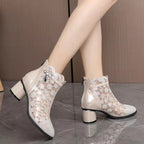 Damen elegante Ankle-Boots mit transparentem Blumendesign und komfortablem Blockabsatz R&B