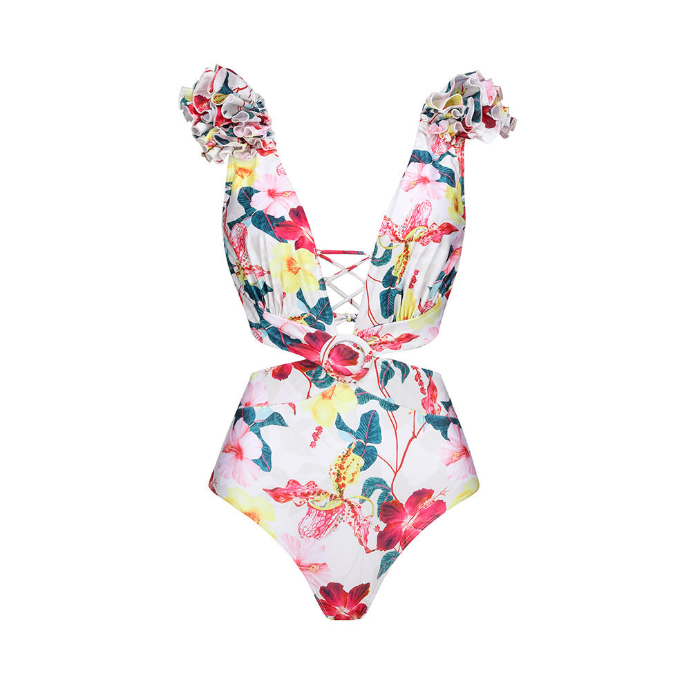 Damen eleganter Floral Badeanzug mit gewelltem Schulterdesign R&B