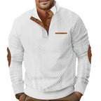 Herren nan strukturiertes Halbknopf-Pullover mit gesteppter Oberfläche, Ellbogen-Patches und Stehkragen R&B