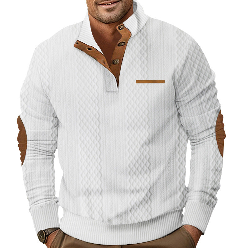 Herren nan strukturiertes Halbknopf-Pullover mit gesteppter Oberfläche, Ellbogen-Patches und Stehkragen R&B
