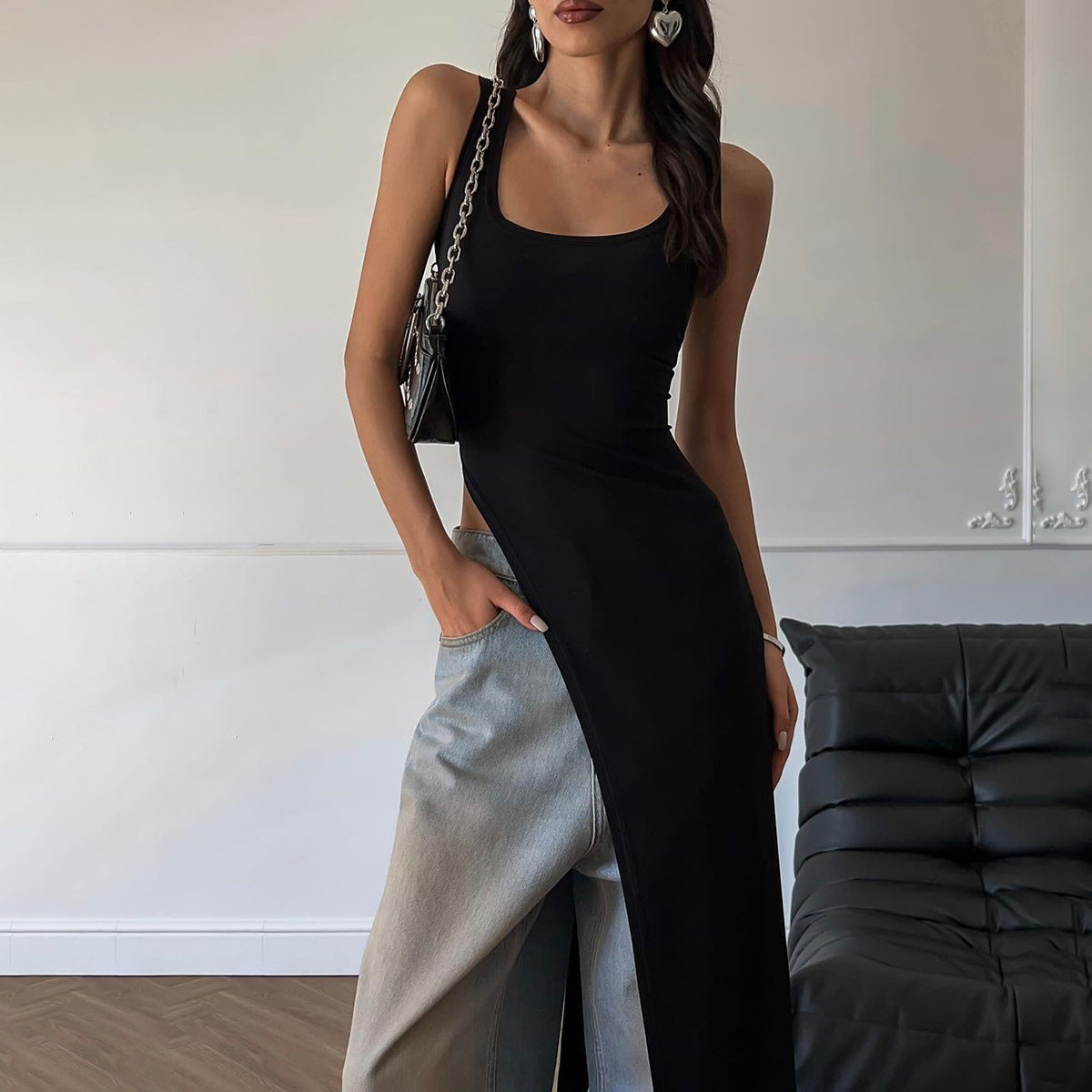 Damen Langarm Maxikleid mit hohem Schlitz R&B