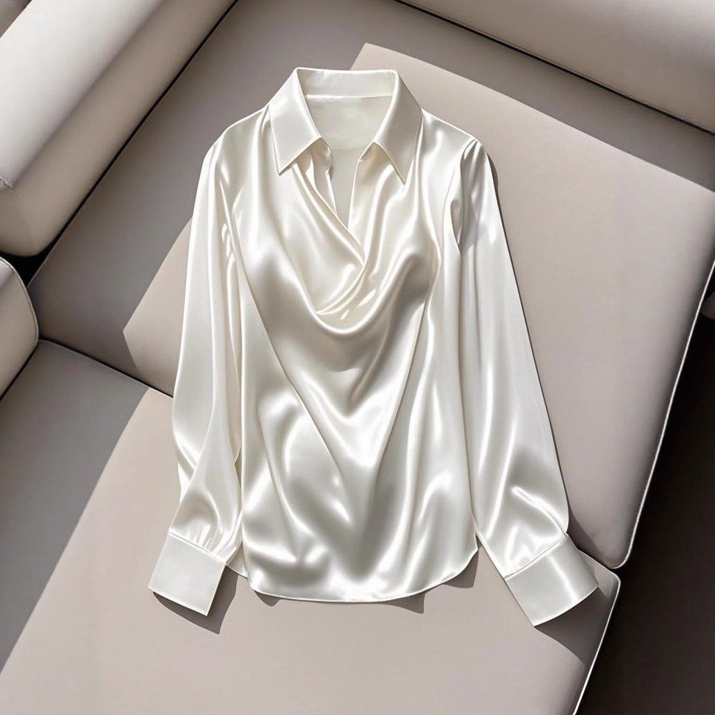 Damen Seidene Bluse mit schickem Wasserfall-Ausschnitt und lange Ärmel R&B