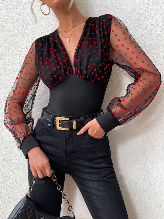 Damen Elegantes Bodysuit mit transparenten Ärmeln und Tupfen-Design R&B
