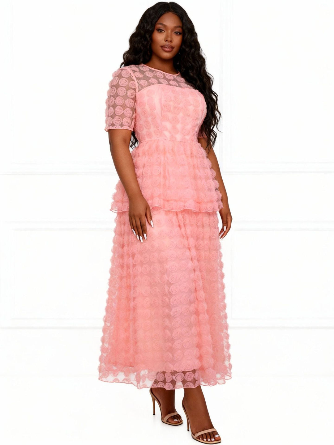 Damen Elegantes Maxi-Kleid mit floralem Volant-Design R&B