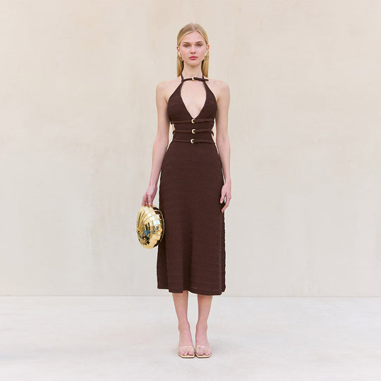 Damen Midikleid mit verstellbarem Halterneck und eleganten Details R&B