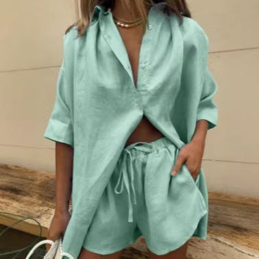 Damen luftige Leinenbluse mit Shorts R&B
