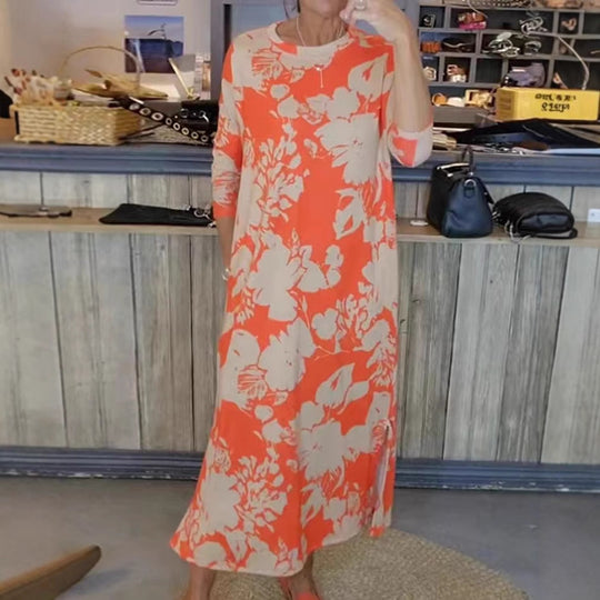 Damen nan fließendes A-Linien-Maxikleid mit Dreiviertelärmeln Rundhalsausschnitt Seitenschlitz und Eingrifftaschen R&B