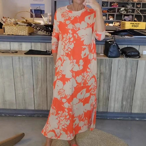 Damen nan fließendes A-Linien-Maxikleid mit Dreiviertelärmeln Rundhalsausschnitt Seitenschlitz und Eingrifftaschen R&B