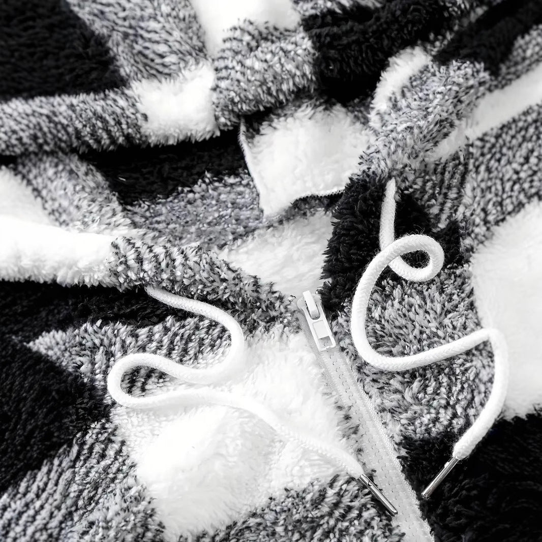 Damen Flauschige Kapuzenjacke im Karomuster R&B