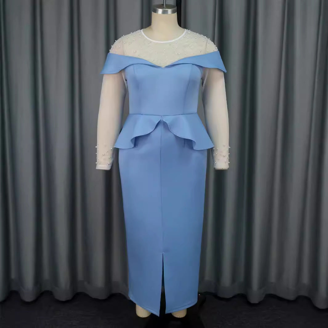 Damen elegantes Midi-Kleid mit schulterfreiem Design und Rüschenelement R&B