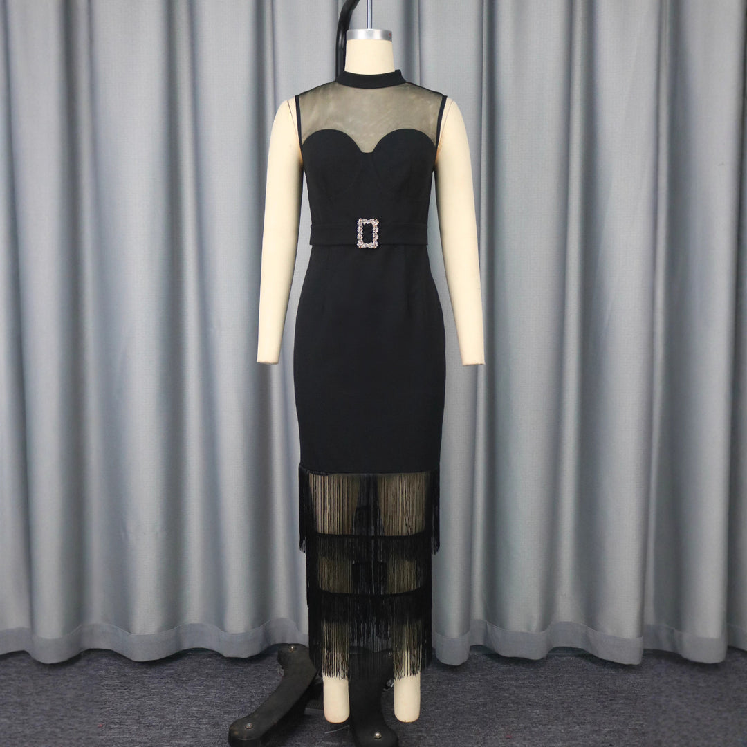 Damen Glamouröses Cocktailkleid mit transparentem oberen Einsätzen und Fransen R&B