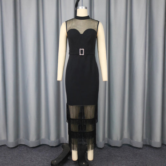 Damen Glamouröses Cocktailkleid mit transparentem oberen Einsätzen und Fransen R&B