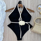 Damen Eleganter Hochgeschnittener Badeanzug mit floraler Applikation und tiefem V-Ausschnitt R&B