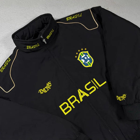 Unisex nan sportliche Retro-Trainingsjacke mit Stehkragen Reißverschluss Brustemblem und Brasilien-Schriftzug R&B