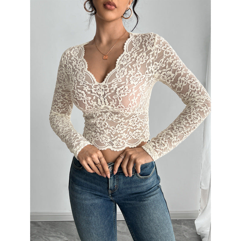 Damen transparenter Longsleeve aus Spitze R&B