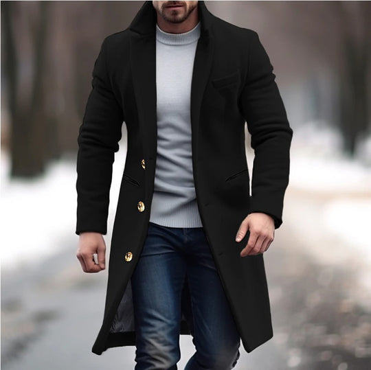Herren eleganter langes Wollmantel mit schmalem Schnitt und goldenen Knöpfen R&B