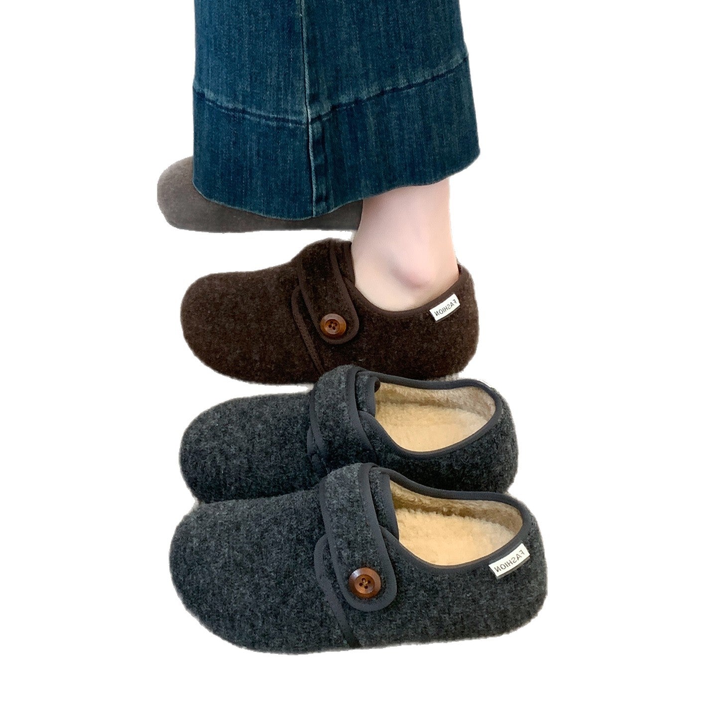Damen Fleece Clogs mit praktischem Knopfverschluss und rutschfester Sohle R&B