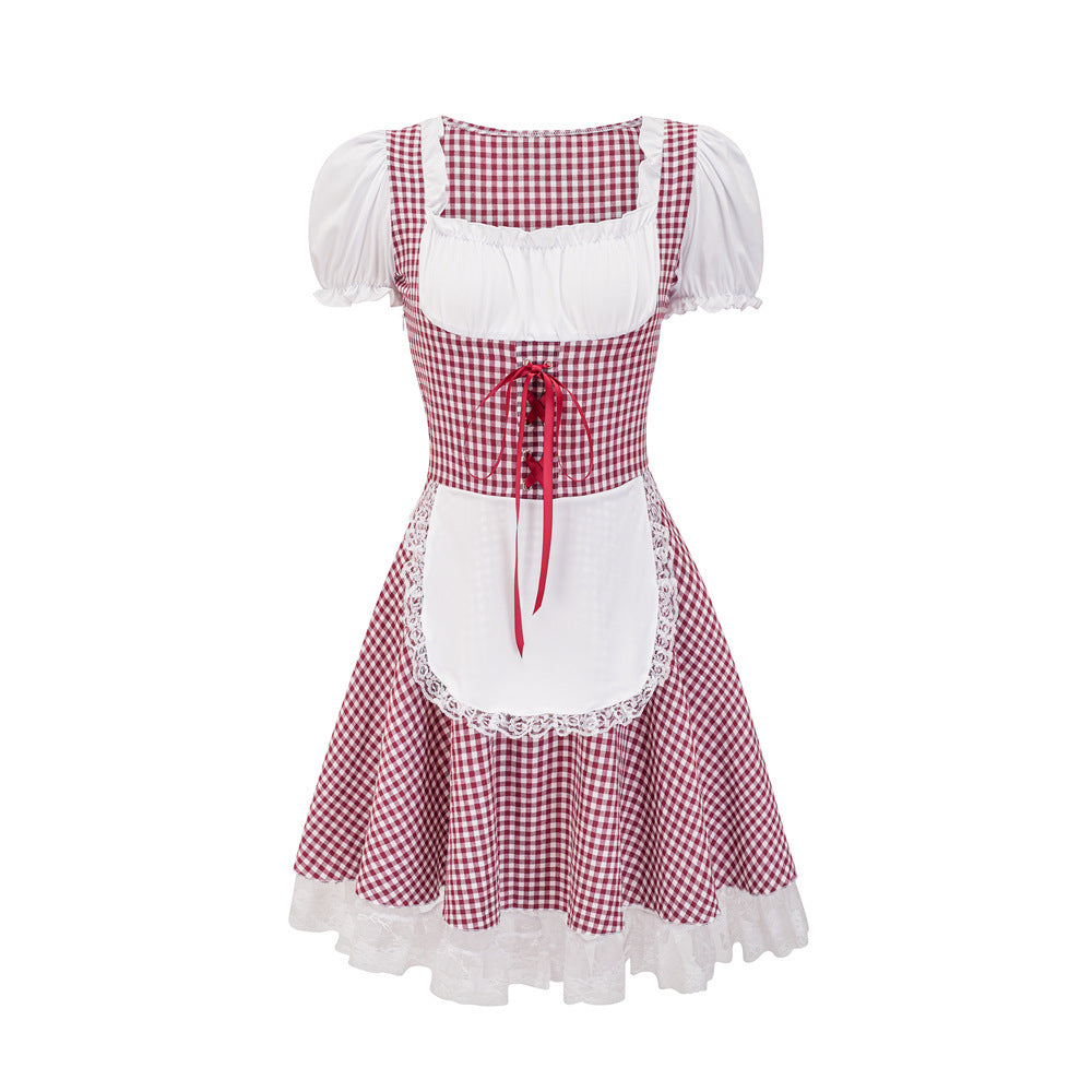 Damen Dirndlkleid mit traditionellem Karomuster und romantischen Rüschendetails R&B