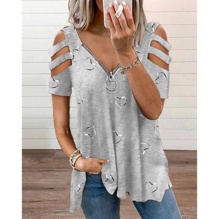 Damen V-Ausschnitt T-Shirt mit Cut-Outs und Herzdesign R&B