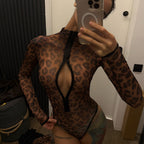 Damen Modischer Bodysuit mit tiefem V-Ausschnitt und Leopardenmuster R&B