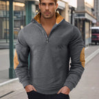 Herren nan Kurzzip-Stehkragenpullover mit Kontrastkragen und Wildleder-Ellenbogenpatches R&B