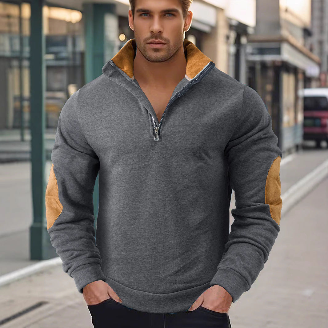 Herren nan Kurzzip-Stehkragenpullover mit Kontrastkragen und Wildleder-Ellenbogenpatches R&B