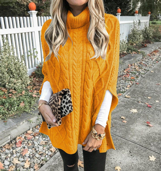Damen Strickponcho mit hohem Kragen und aufwendigem Zopfmuster R&B